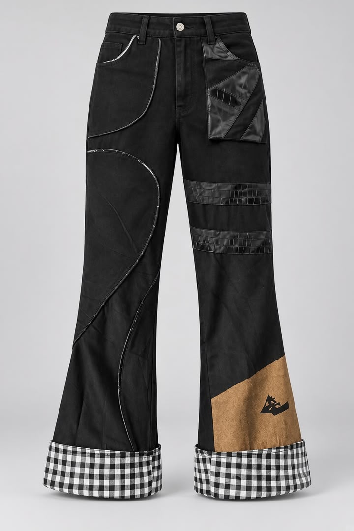 SAVOCT-01 black flared denim with gingham cuffs, leather panels and tan patch